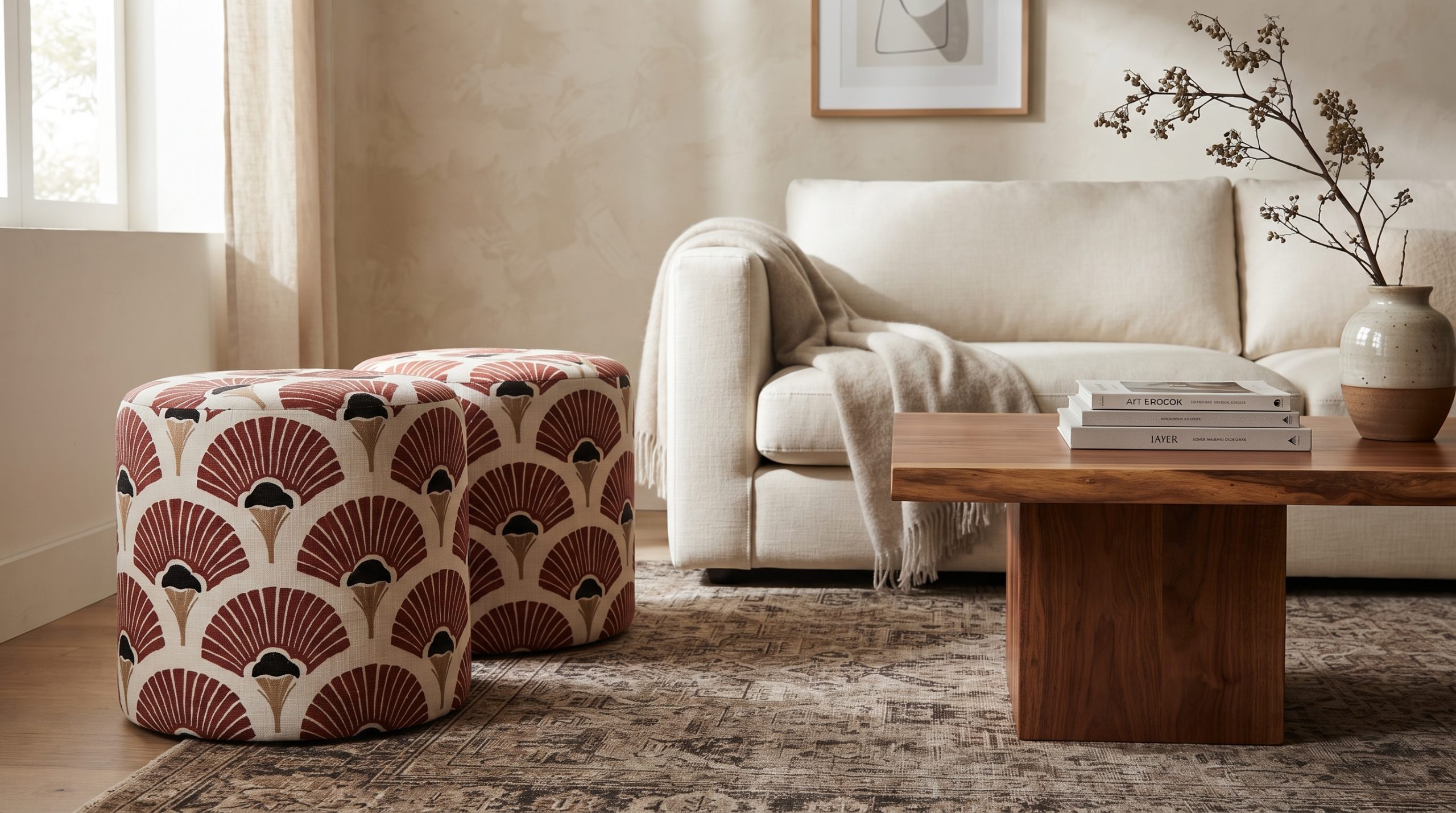 Two poufs next to sofa